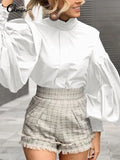 Woloong Women Big Lantern Sleeve White Shirt Elegant Streetwear Party Blouse Fashion Stand Collar Casual Loose Blusas Tops
