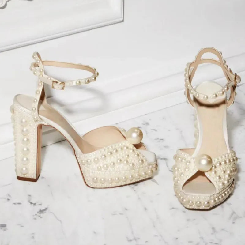 Handmade Beaded Thick Heel Fish Mouth Sandals 35-41 High Heel Waterproof Platform Women's Shoes Wedding Dress Luxury Pearl