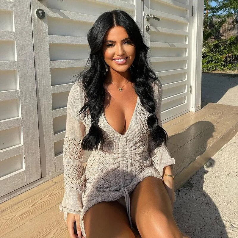 Women Deep V-neck Hollow Out Sexy Knitted Dresses Solid Long Sleeve Drawstring Mini dress Fashion Casual Spring Streetwear