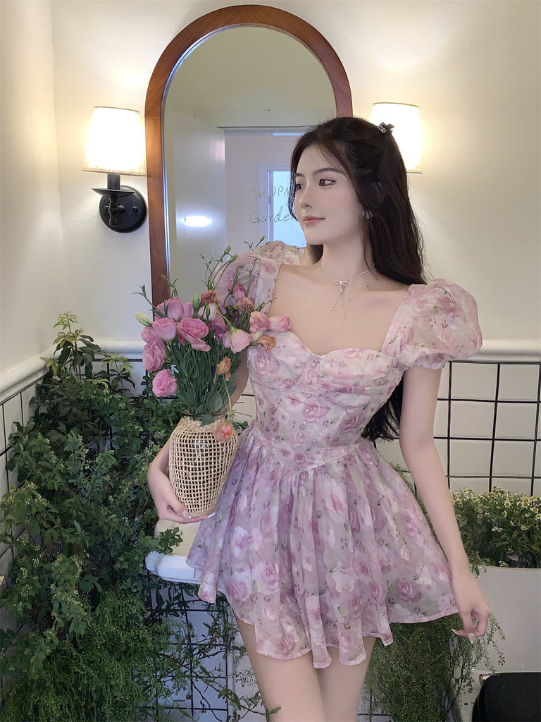 woloong Retro Chic Floral Dress Women's Summer Square Collar Dresses High Waist Short Sleeved A-line Party Slim Mini Dress Vestidos