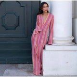 Patchwork Deep V-neck Women's Knit Dress Casual Full Flare Sleeve Crocheted Slit Long Dresses Female Autumn Party Vestidos