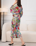New Autumn/Winter Print Pleated Skirt/Holiday Party Temperament Loose Bat S Sleeve Dress Factory Spot Hot Sales