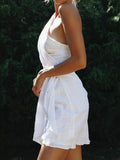 One Shoulder White Cotton Ruched Short Summer Dress Bowknot Beach Sundress Women Sleeveless Solid Dress