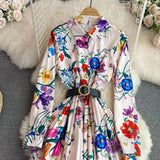 Women's Elegant Long Sleeve Floral Shirt Dress Spring Autumn Single Breasted Long Dress Lady Streetwear Holiday