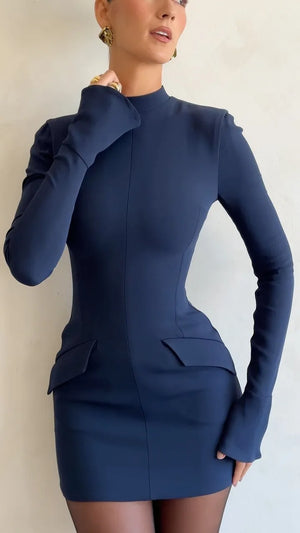 Women Elegant Dark Blue Commuting Mini Dress  Autumn Sexy Pocket Long Sleeve Bodycon Dresses Lady Chic Party Club Robe