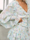 Romantic Full Lantern Sleeve Flower Print Mini Dress Woman Spliced Wood ears Ruffles Hem Elastic Package Hips Holiday Robe