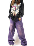 Woloong Purple Denim Trousers Alt Clothes Y2K Streetwear Harajuku High Waist Wide Leg Pants Women Men Vintage Pockets Baggy Cargo Jeans