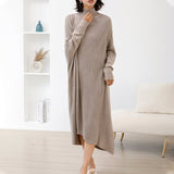 Women L-3XL Large Size Knitted Rib Woolen Dress With Batwing Sleeve For Autumn And Winter