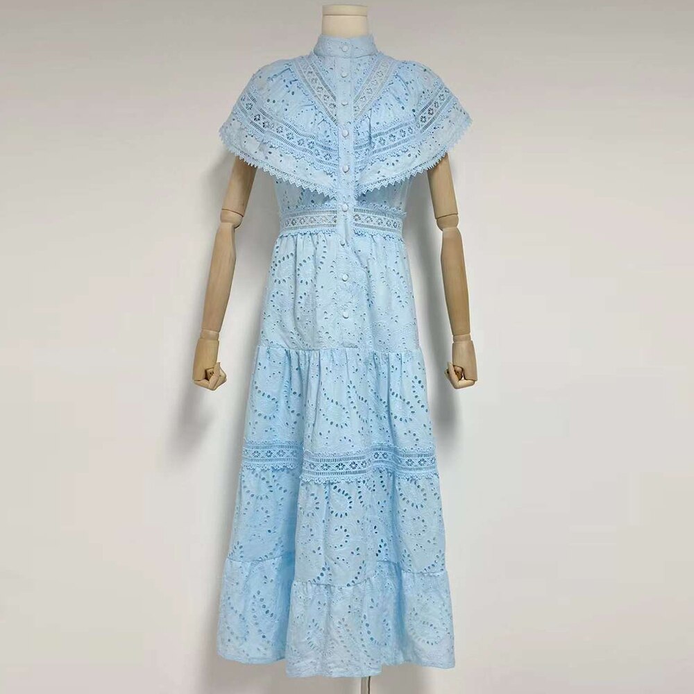 Embroidery Summer Dresses For Women Stand Collar Short Sleeve High Waist Folds Summer Dress Female Fashion Clothing