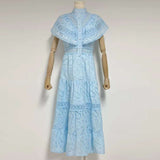 Embroidery Summer Dresses For Women Stand Collar Short Sleeve High Waist Folds Summer Dress Female Fashion Clothing