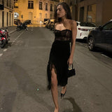 90s Vintage Lace Patchwork Split Midi Dress Chic Women Sexy Backless Spaghetti Strap Dresses Birthday Party Night Streetwear