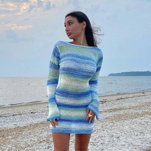 Wave Striped Patchwork Y2K Mini Dresses Backless Long Sleeves Elegant Sundress Fashion Cute Aesthetic 90s Outfits Cuteandpsycho