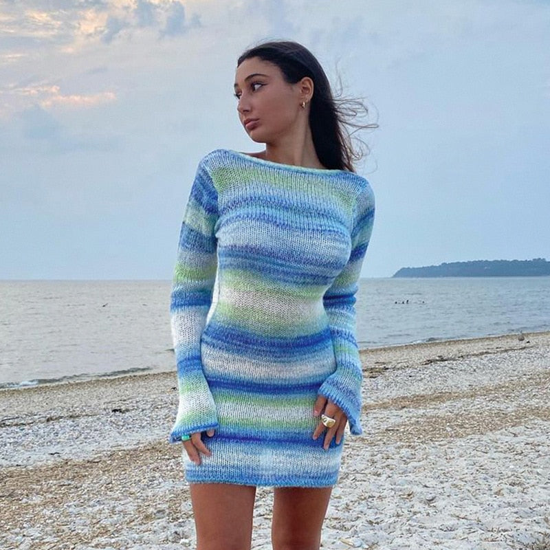 Wave Striped Patchwork Y2K Mini Dresses Backless Long Sleeves Elegant Sundress Fashion Cute Aesthetic 90s Outfits Cuteandpsycho