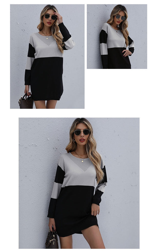 Women Winter Sweater Dresses, Women's Autumn Knitted Patchwork Pullovers Tunic Mini Dress.