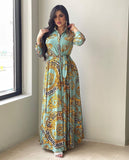 New Arrivals Dress For Women's Muslim French Elegant Long Sleeve Blouse Collar Dress Middle East Pearl Green Printed Skirt