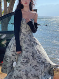 French Vintage Midi Dress Women Casual Elegant Floral Strap Dress Party Even Office Lady Slim One Piece Dress Korean Summer