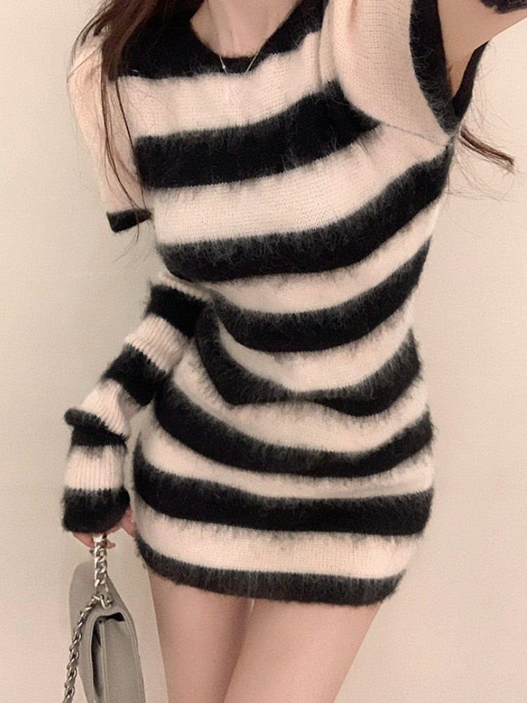 Elegant Striped Knitted Dress Women Design Long Sleeve Y2k Mini Sweater Dress Party One Piece Dress Korean Fashion Autumn