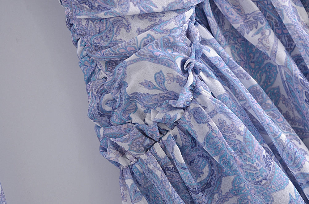 Blue Floral Print Chiffon Mini Dress Women Wood ears Ruffles V neck Open Buttons Slim Ruched Waist Long Sleeve Holiday Robe