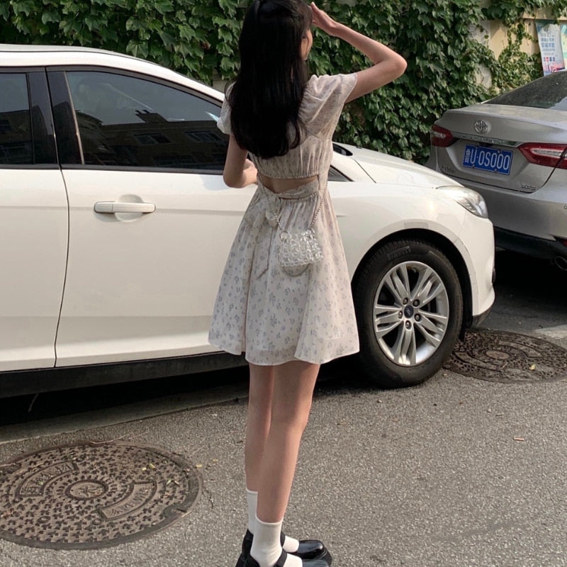 Dresses Women Puff Sleeve Holiday Sundress Hollow Out Floral Design Korean Style College Lovely Simple Trendy Summer