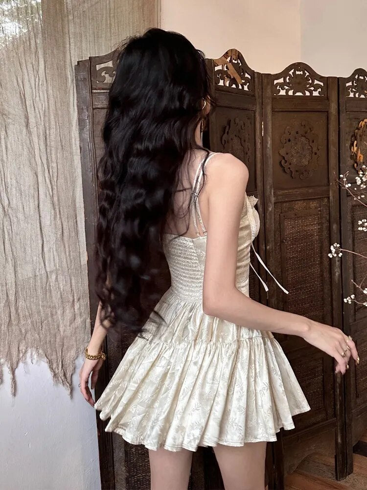 Women's Hollow Sexy Dress Women Spaghetti Straps Sleeveless Off Shoulder High Waist Mini Dress Lace Palace Retro Party Dresses