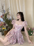 woloong Retro Chic Floral Dress Women's Summer Square Collar Dresses High Waist Short Sleeved A-line Party Slim Mini Dress Vestidos