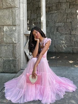 Women Mesh Puffy Long Dress Summer Sweet Sleeveless Square Neck High Waist Pink Princess Dress Evening Party Clubwear Fairycore