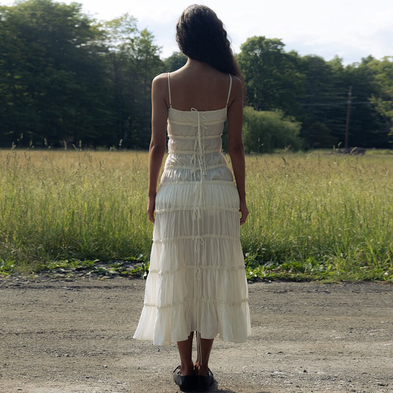 Y2K Vintage Ruffle Tunnel Gown Dress Tie Up Bandage Backless Maxi Long Dresses Women 2000s Retro Fairy Cottage Cocktail Vestidos