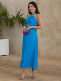 Elegant Women Blue Open Back Pleated Long Dresses Cross Neck Lace Up Sleeveless Dress Summer Female Sexy Party Club Vestido