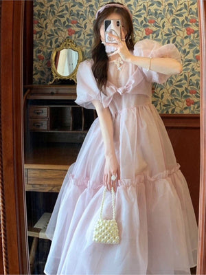 France Vintage Mesh Dress Women Summer Blue White Black Retro Evening Party Dresses Sweet Korean Princess Fairy Dress