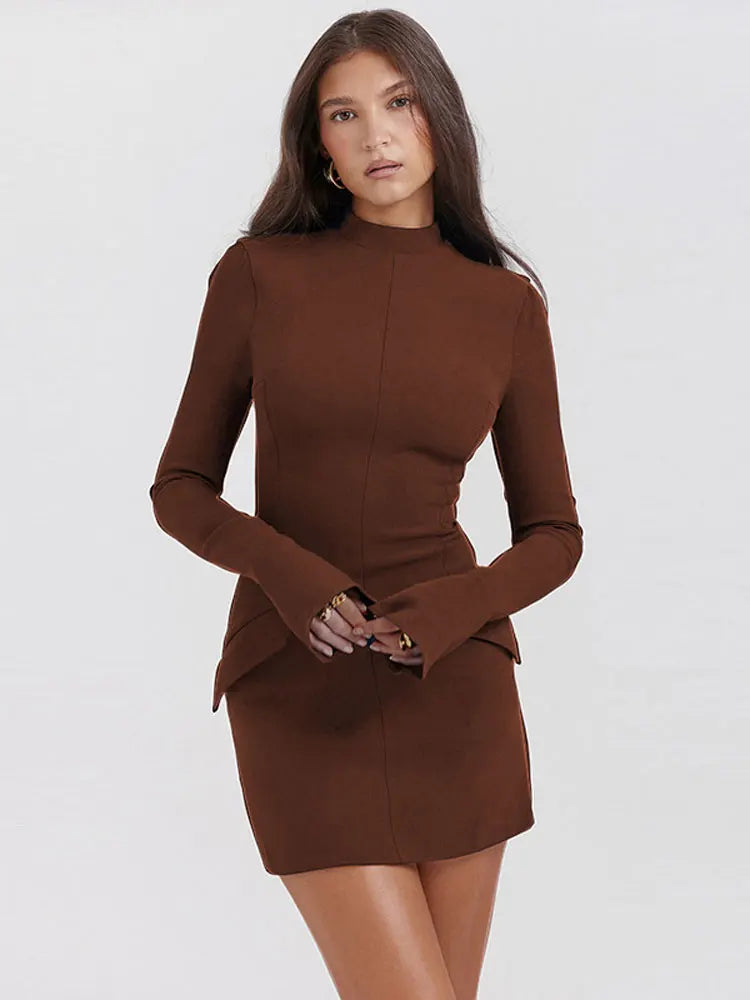 Women Elegant Dark Blue Commuting Mini Dress  Autumn Sexy Pocket Long Sleeve Bodycon Dresses Lady Chic Party Club Robe
