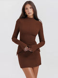 Women Elegant Dark Blue Commuting Mini Dress  Autumn Sexy Pocket Long Sleeve Bodycon Dresses Lady Chic Party Club Robe