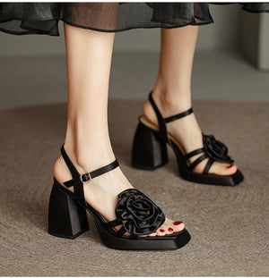 woloong Woman Shoes New Summer Fashion Chunky High Heels Platform Black Green Sweet Flower Dress Party Female Sandals