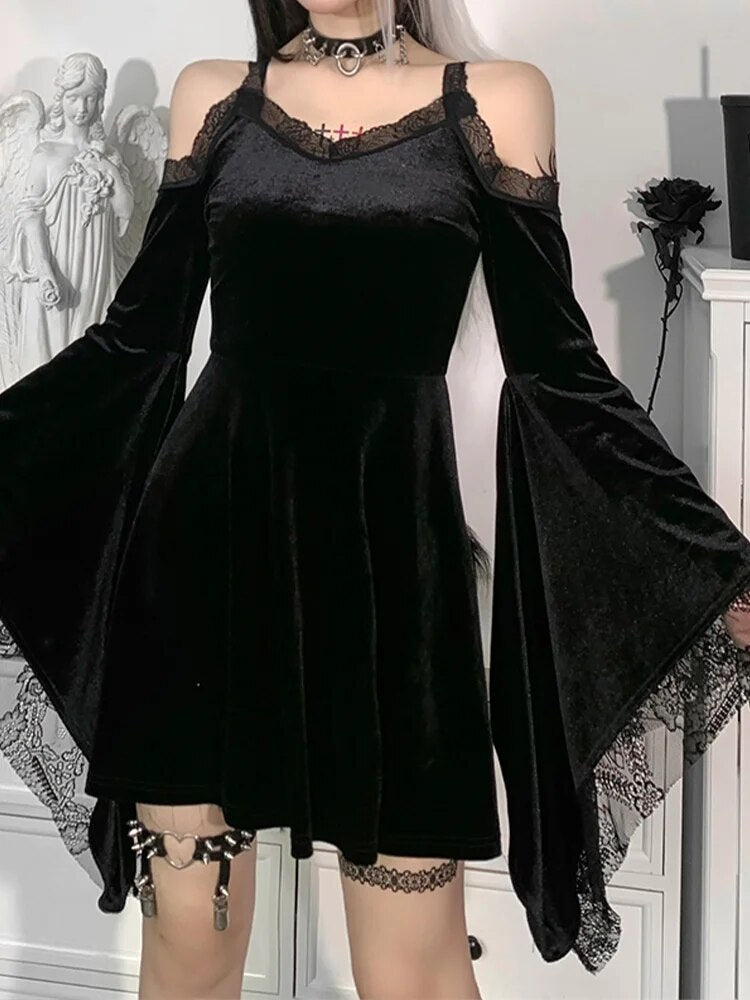 Goth Sexy Flare Sleeve Black Dress Y2K Harajuku High Waist A Line Mini Dresses Off Shoulder Punk Halloween Autumn Dress