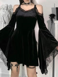 Goth Sexy Flare Sleeve Black Dress Y2K Harajuku High Waist A Line Mini Dresses Off Shoulder Punk Halloween Autumn Dress