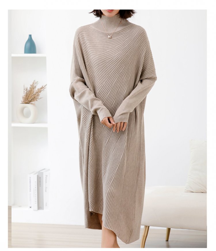 Women L-3XL Large Size Knitted Rib Woolen Dress With Batwing Sleeve For Autumn And Winter