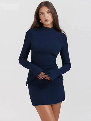 Women Elegant Dark Blue Commuting Mini Dress  Autumn Sexy Pocket Long Sleeve Bodycon Dresses Lady Chic Party Club Robe