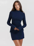 Women Elegant Dark Blue Commuting Mini Dress  Autumn Sexy Pocket Long Sleeve Bodycon Dresses Lady Chic Party Club Robe