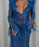 Woloong Long Sleeve Blue Maxi Summer Beach Dress Ruffle Bandage Mesh Club Party Sexy Dresses Women Outfit See Though Y2K 90’S