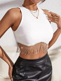 Rhinestone Tasseled Summer Crop Tops Women Chic Sleeveless Crew Neck Tank Tops Club Party Streetwear Sexy Vest Tops