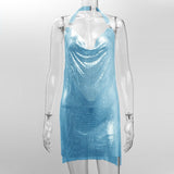 Shiny Luxury Sequined Low Cut Halter Mini Dress Backless Patchwork Split Sleeveless Hollow Out Party Sexy Women Solid Dresses
