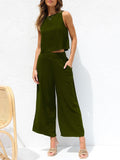 Fashion 2 Pcs Outfits Sleeveless Summer Crop Top Pants Suit Solid Ankle-length Pants Casual Beach Set Back Button Pocket