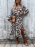 Woloong Leopard Print White Black Slit Midi Casual Winter Long Sleeve Dress V Neck Autumn Dropshipping Vestidos Femme