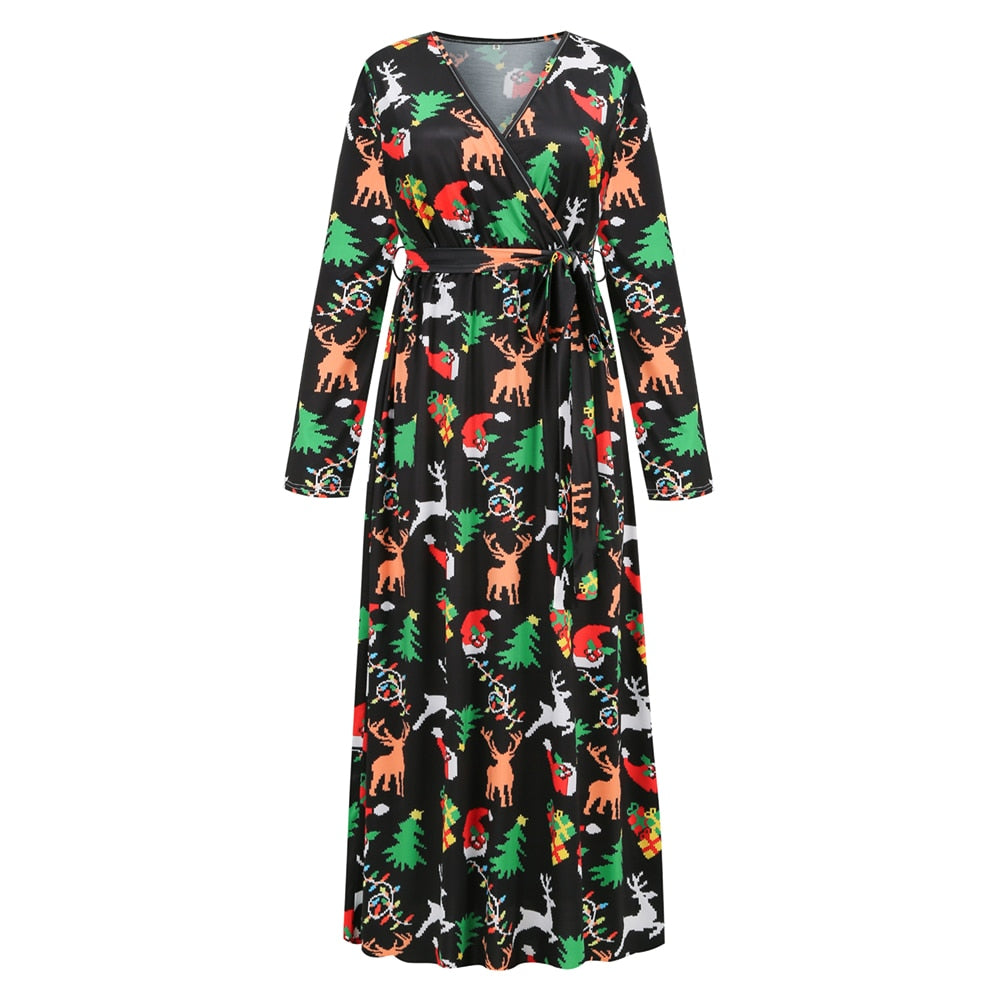 Christmas Print Long Dress for Women Autumn V-neck Knitting  A-LINE Belt Slim Ankle-Length