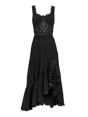 Embroidery Hollow Out Printing Dresses For Women Square Collar Sleeveless High Waist Irregular Hem A Line Midi Dress Female