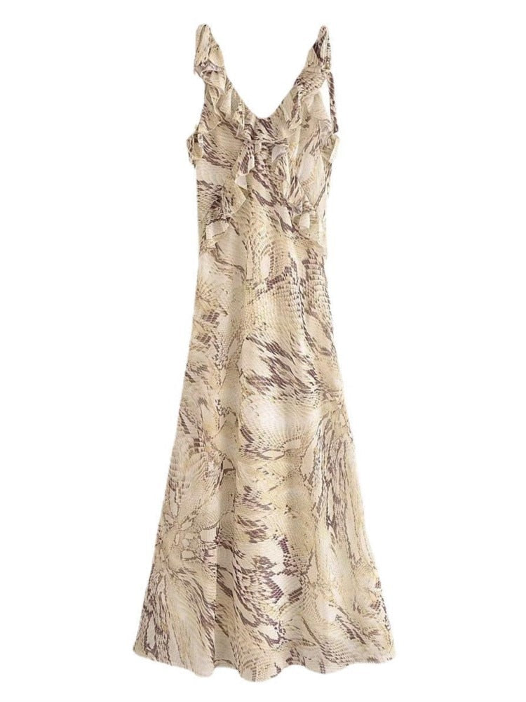 Fashion Printed Suspender Sleeveless Long Women's Dress V-neck  Ruffle Female Dresses Summer Ladies Chic Beach Long Dress