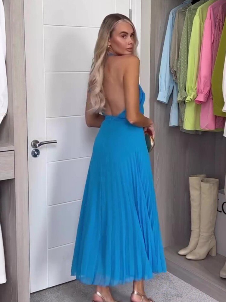 Elegant Women Blue Open Back Pleated Long Dresses Cross Neck Lace Up Sleeveless Dress Summer Female Sexy Party Club Vestido