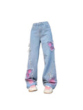 Woloong Women's Blue Butterfly Jeans Baggy Vintage Y2k Denim Trousers 2000s Harajuku Wide Leg Cowboy Pants Trashy 90s Aesthetic Clothes