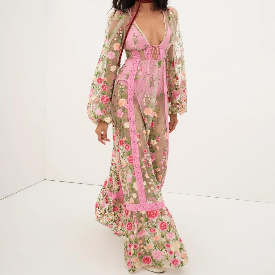 Women's Sexy Holiday Bikini Cover-Ups Beach Flower Embroidery Dress Long Sleeve Dress See Through Mesh Sheer Dresses
