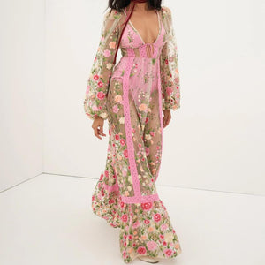 Women's Sexy Holiday Bikini Cover-Ups Beach Flower Embroidery Dress Long Sleeve Dress See Through Mesh Sheer Dresses