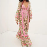 Women's Sexy Holiday Bikini Cover-Ups Beach Flower Embroidery Dress Long Sleeve Dress See Through Mesh Sheer Dresses